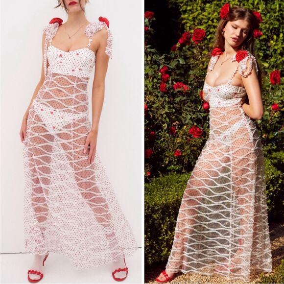 For Love & Lemons Giada Sheer Polkadot Rose Rosette Maxi Dress Size XS - Picture 1 of 11